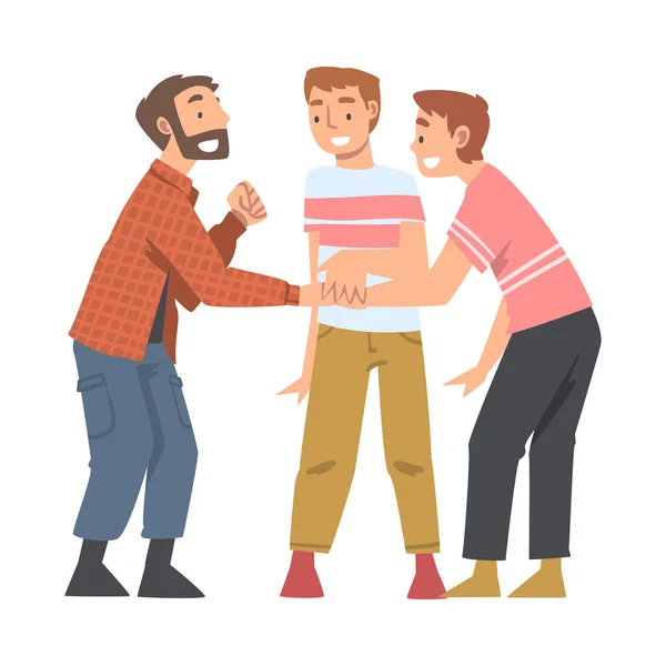 Personagem de homem feliz com as mãos na pilha colocando-os juntos mostrando unidade e solidariedade Vector Ilustração — Vetor de Stock