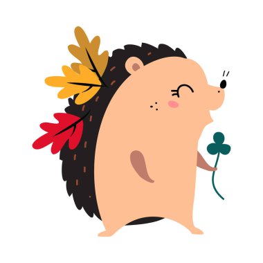 Orman Hayvanı Olarak Şirin Dikenli Kirpi Dikenli Dikenli Vektör Çiziminde Sonbahar Yaprağıyla Yürüyor