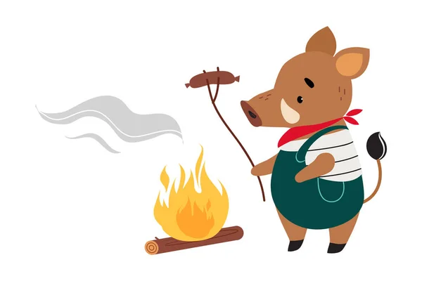 Niedliches Wildschwein als Waldtier im Overall Bratwurst am Stock am Lagerfeuer Vektor Illustration — Stockvektor