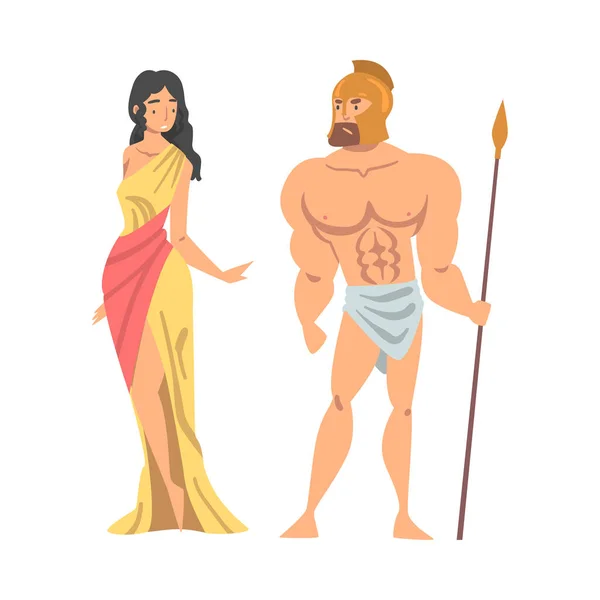 Grieks of Hellene vrouw karakter in etnische chiton kleding en gladiator vector illustratie — Stockvector