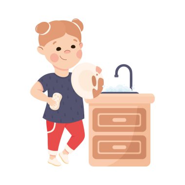 Ev İşi Yapan Sevimli Kız ve Bulaşıkları Mutfakta Yıkama Hizmetleri Vink Vector İllüstrasyonu