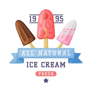 Dondurma Amblemi ve Rozeti Kurdele ve Donmuş Tatlı Vektör Şablonu