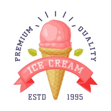 Dondurma Amblemi ve Rozeti Kurdele ve Donmuş Tatlı Vektör Şablonu