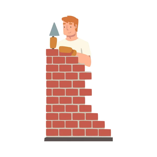Handyman o Fixer come uomo qualificato posa mattoni impegnati in casa riparazione lavoro vettoriale Illustrazione — Vettoriale Stock