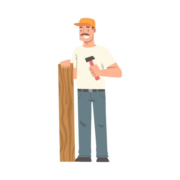 Baffuto Handyman o Fixer come uomo qualificato con plancia e martello impegnati in casa riparazione lavoro vettoriale Illustrazione — Vettoriale Stock