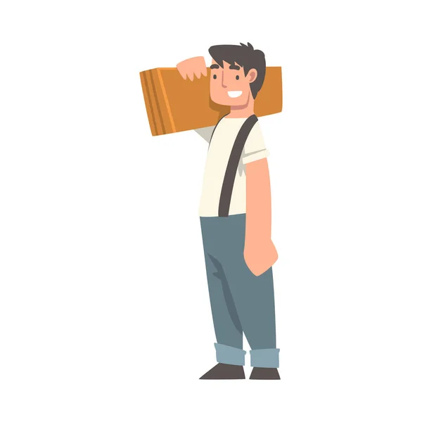 Handyman or Fixer as Skilled Man Carrying Wooden Plank Engaged in Home Repair Work Vector Illustration — Stockový vektor