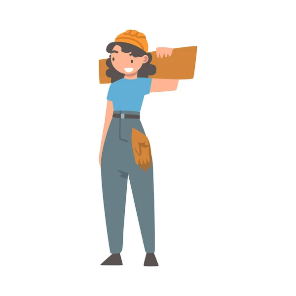 ホーム修復作業に従事する木製の板を運ぶ熟練した女性としてのハンディマンまたはフィクサーベクトルイラスト — ストックベクタ