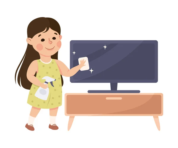 Симпатичная девушка, делающая домашнюю работу и мытье посуды экраном телевизора с помощью мокрого инструмента — стоковый вектор
