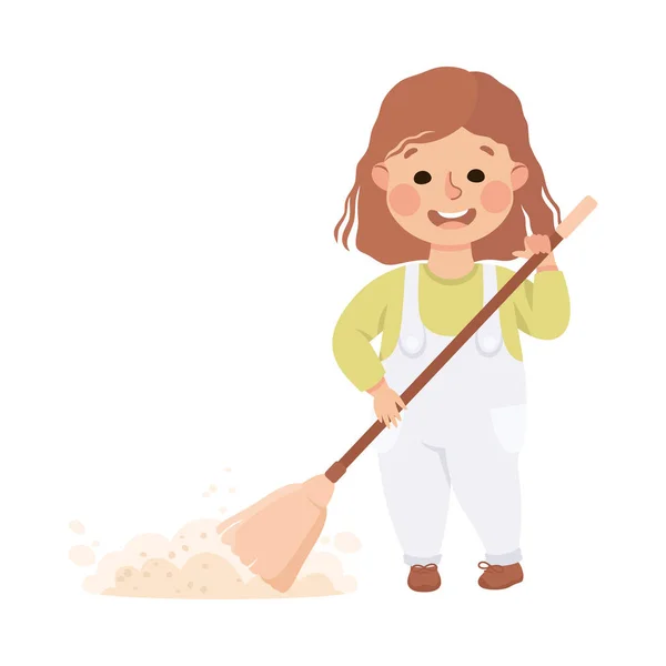 Cute Girl Doing Housework and Housekeeping Sweeping the Floor with Broom Vector Illustration — Stock Vector