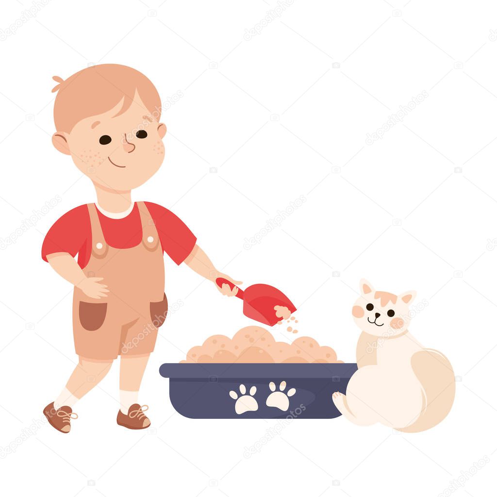 Cute Boy Cleaning Litter Box Doing Housework and Housekeeping Vector Illustration