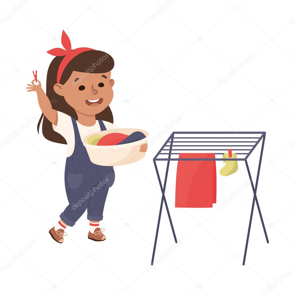 Cute Girl Doing Housework and Housekeeping Hanging Laundry on Clothes Dryer Vector Illustration