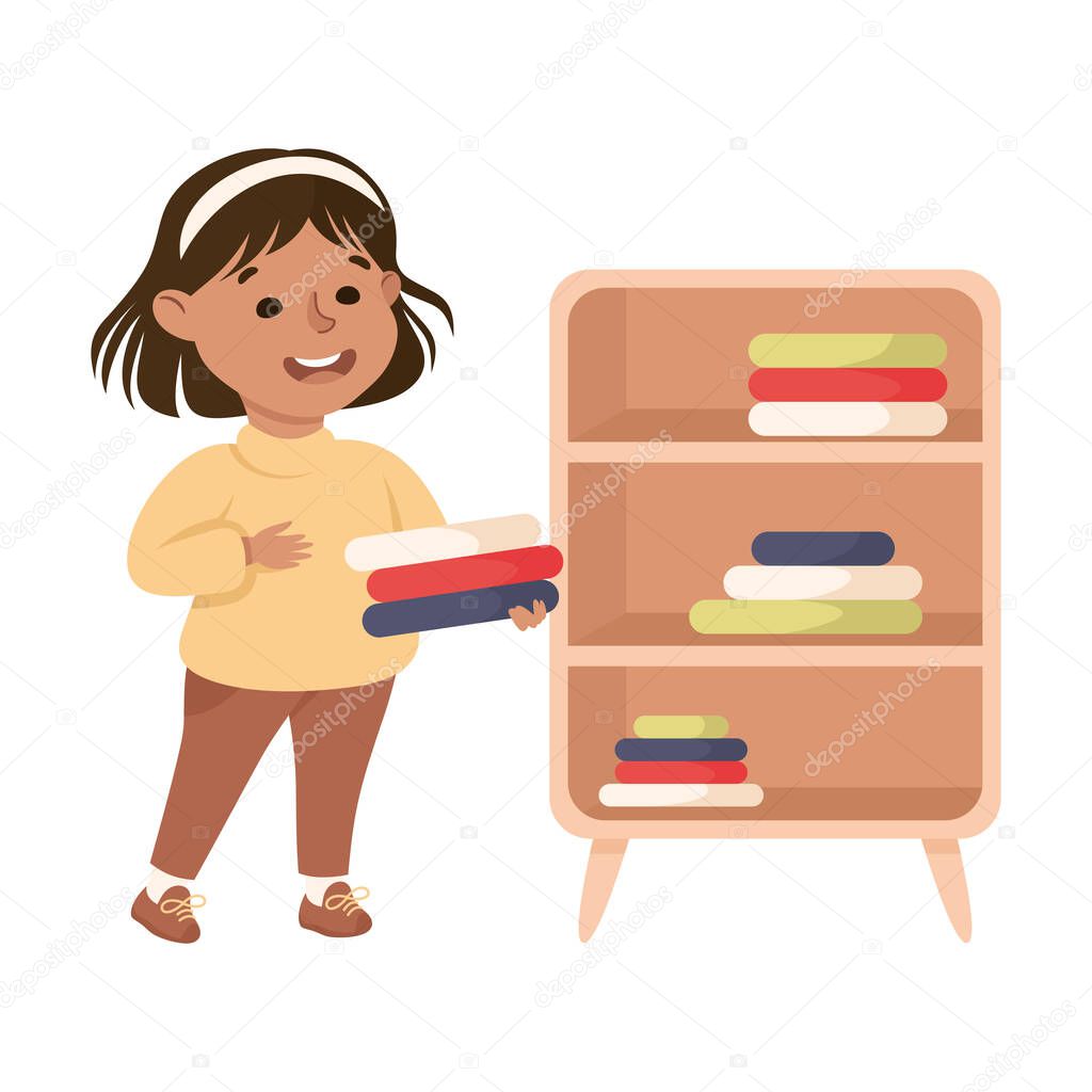 Cute Girl Doing Housework and Housekeeping Folding Clothing on Shelf Vector Illustration