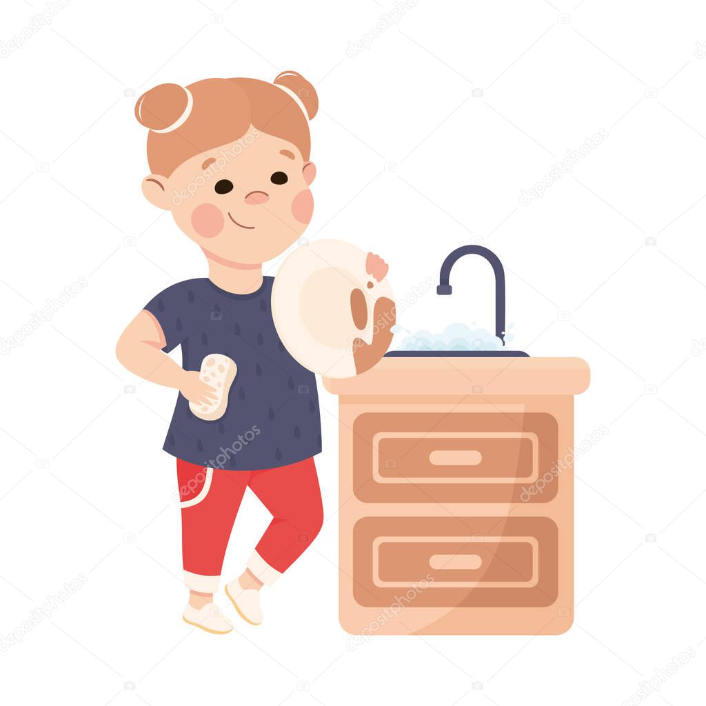 Cute Girl Doing Housework and Housekeeping Washing the Dishes in Kitchen Sink Vector Illustration