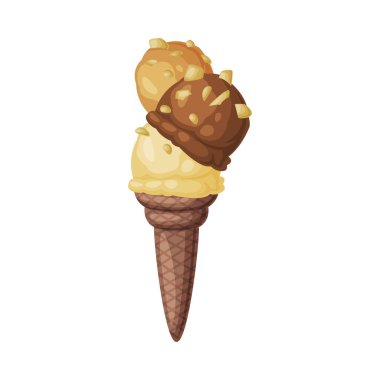 Çikolata ve Karamelli dondurma Waffle Cone 'da Fındık ezmeli Donmuş Tatlı Tatlı Tatlı ve Tatlı Atıştırmalık Vektör Çizimi