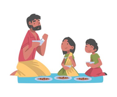 Sakallı Hintli adam ve yerde oturan küçük çocuklar birlikte yemek yiyorlar vektör illüstrasyonu.