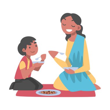 Küçük Oğlu Yerde Oturan Hintli Kadın Birlikte Yemek Yiyen Vektör Resimleri