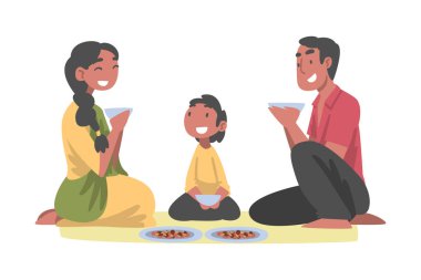 Küçük Oğlu Yerde Oturan Hintli Aile Birlikte Yemek Yerken Vektör Resimleri