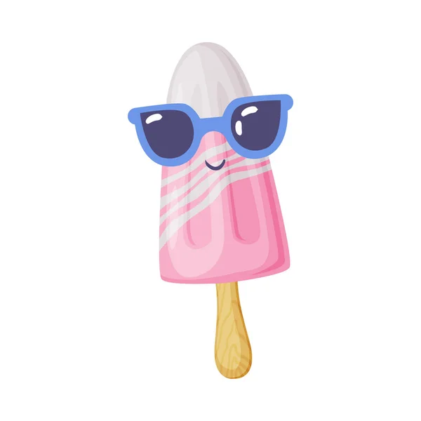 Funny Ice Cream on Stick with Happy Smiling Face and Sunglasses Vector Illustration — Stock Vector