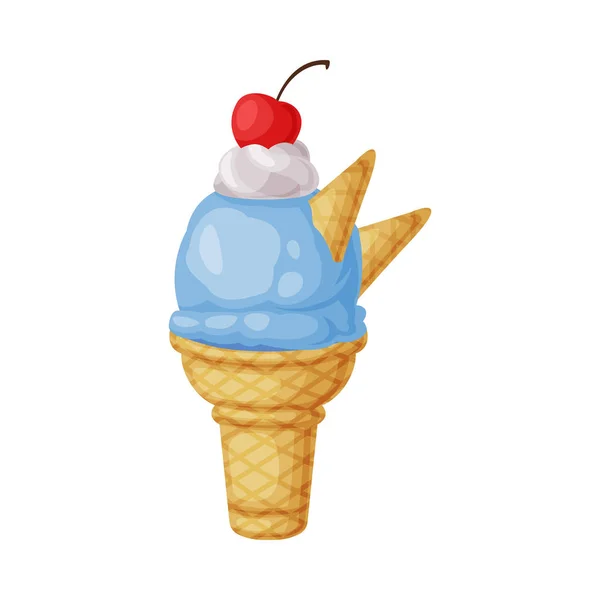 Helado azul en taza de gofres con crema batida y baya en la parte superior como postre congelado y dulce Snack Vector Illustration — Archivo Imágenes Vectoriales