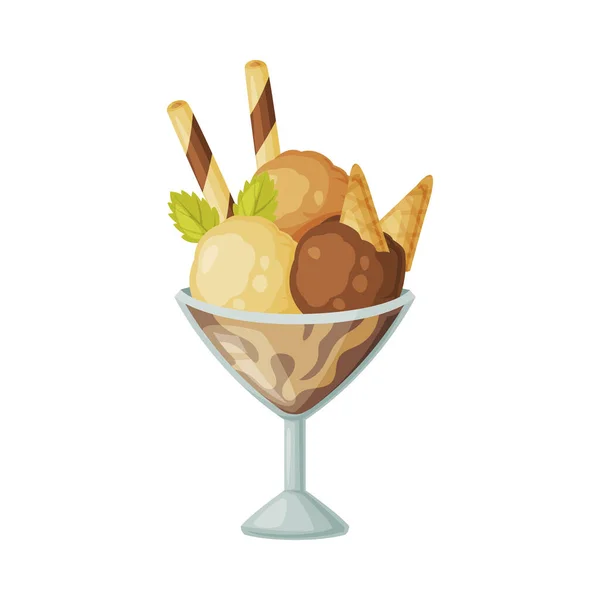 Crème glacée au chocolat dans un bol en verre avec rouleaux de gaufrettes comme dessert congelé et illustration vectorielle de collation sucrée — Image vectorielle