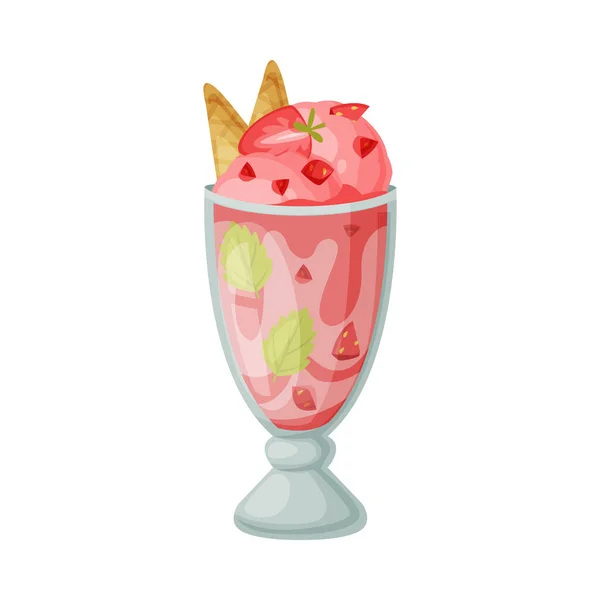 Helado rosa en cuenco de vidrio con fresa como postre congelado e ilustración de vectores de bocadillos dulces — Archivo Imágenes Vectoriales