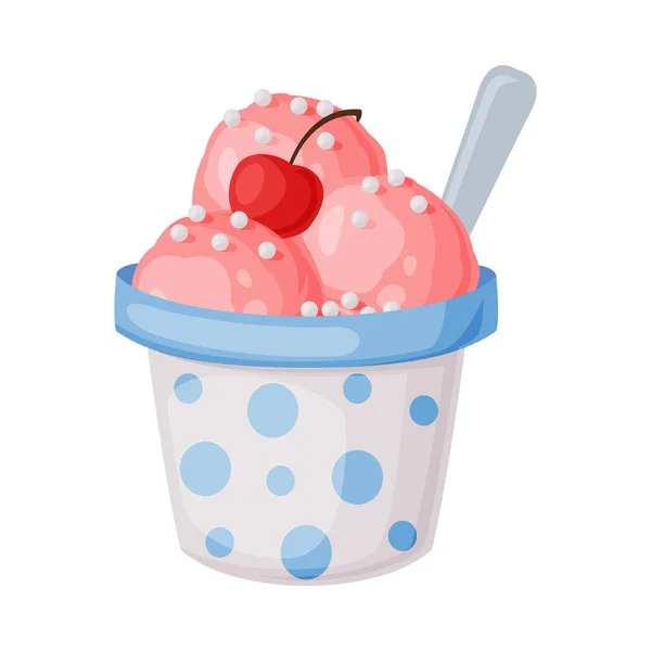Ροζ παγωτό σε κύπελλο με την κοπή και κουτάλι ως κατεψυγμένα επιδόρπιο και γλυκό σνακ διανυσματική εικονογράφηση — Διανυσματικό Αρχείο