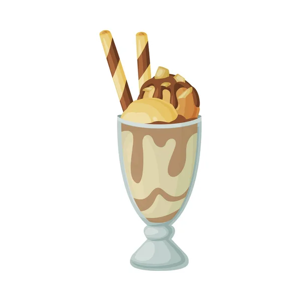 Crème glacée en verre servie avec des rouleaux de gaufrettes et du chocolat comme dessert congelé et illustration vectorielle de collation sucrée — Image vectorielle