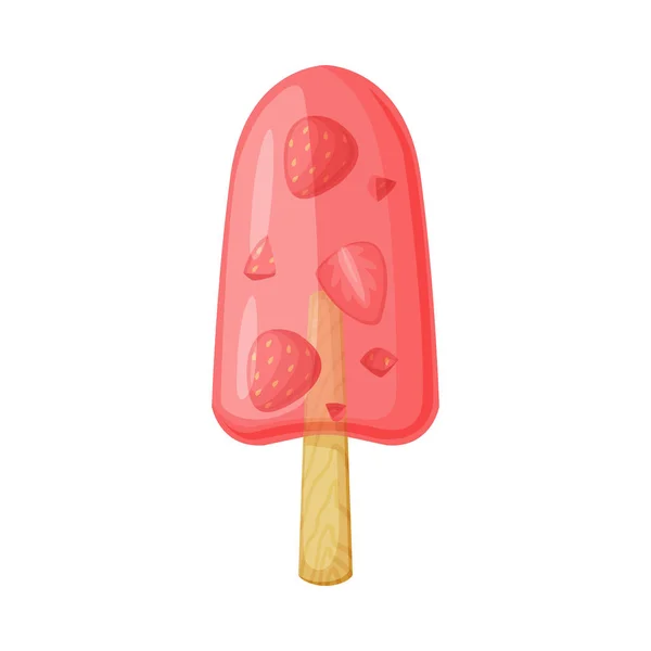 Helado de fruta de fresa rosa en palo de madera como postre congelado e ilustración de vectores de bocadillos dulces — Vector de stock