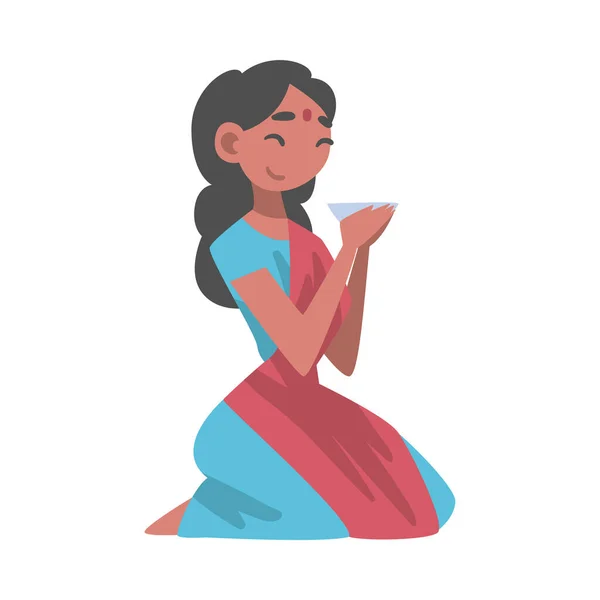 Personaggio donna indiana che indossa Sari seduto sul pavimento con ciotola avendo pasto vettoriale illustrazione — Vettoriale Stock