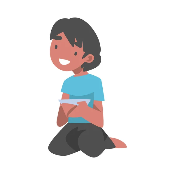 Niño indio personaje sentado en el suelo con el tazón teniendo comida Vector Ilustración — Vector de stock