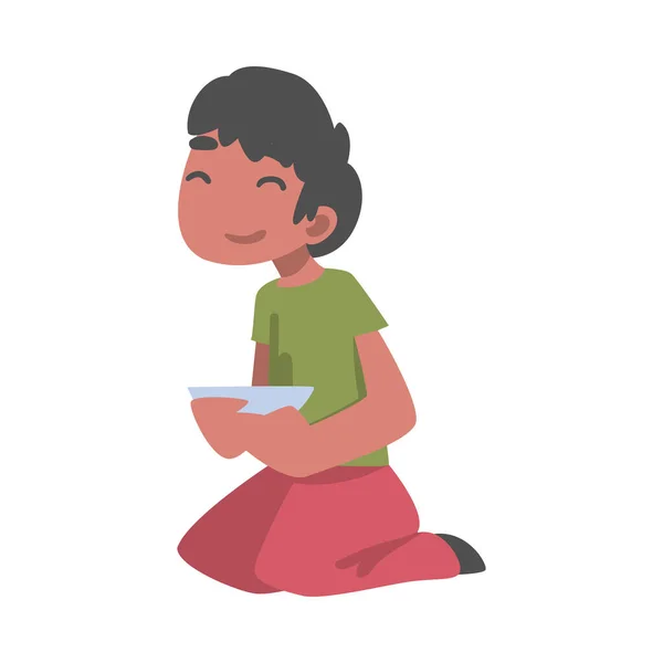 Niño indio personaje sentado en el suelo con el tazón teniendo comida Vector Ilustración — Vector de stock