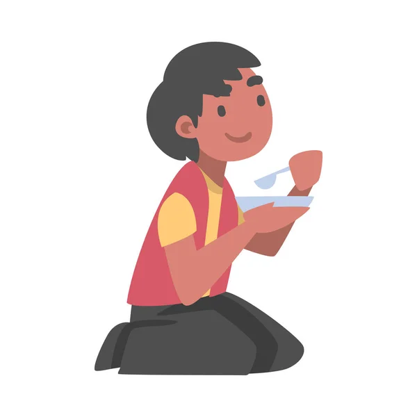 Indian Boy Character Sitting on the Floor with Bowl Έχοντας Γεύμα Διάνυσμα Εικονογράφηση — Διανυσματικό Αρχείο