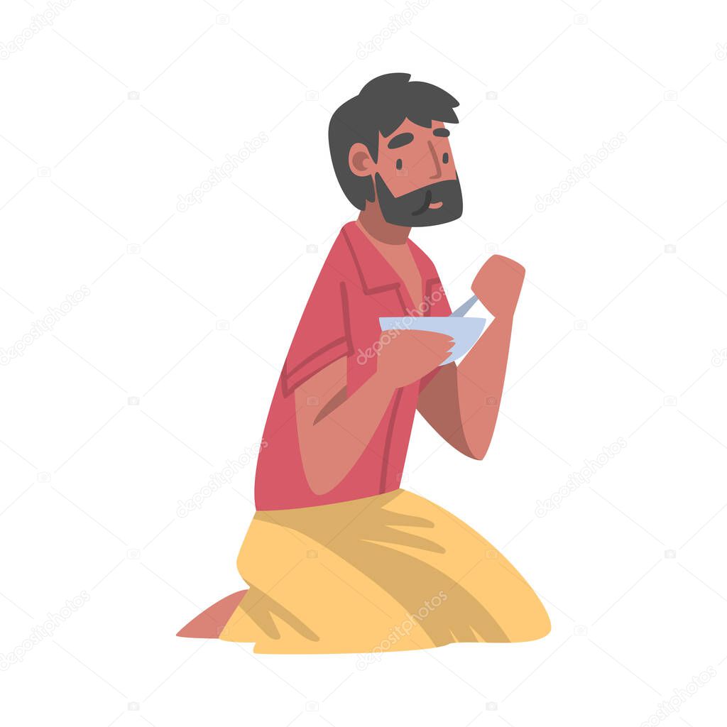 Indian Bearded Man Character Sitting on the Floor with Bowl Having Meal Vector Illustration
