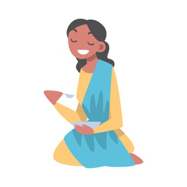 Hint Kadın Karakteri Sari Giyiyor Bowl 'la yerde oturuyor Yemek Vektörü Resimleri Var