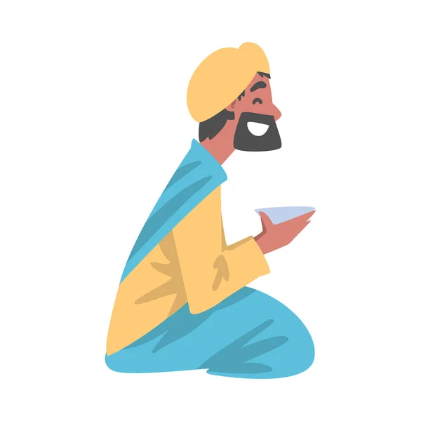 Indian Man Character in Turban Sitting on the Floor with Bowl Having Meal Vector Illustration — Stock Vector