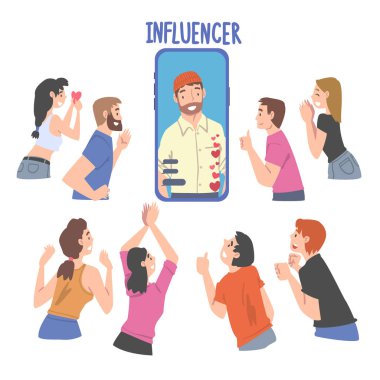 Man Influencer as Social Media User with Numerous Audience and Subscribers Following and Listening Her Vector Illustration clipart
