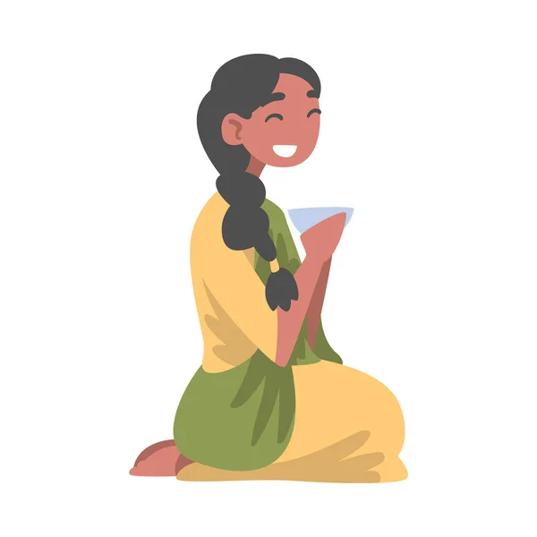 Personaje de la mujer india con Sari sentado en el suelo con el tazón teniendo comida Vector ilustración — Vector de stock