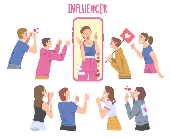 Influencer donna come utente di social media con numerosi spettatori e abbonati che seguono e ascoltano la sua illustrazione vettoriale — Vettoriale Stock