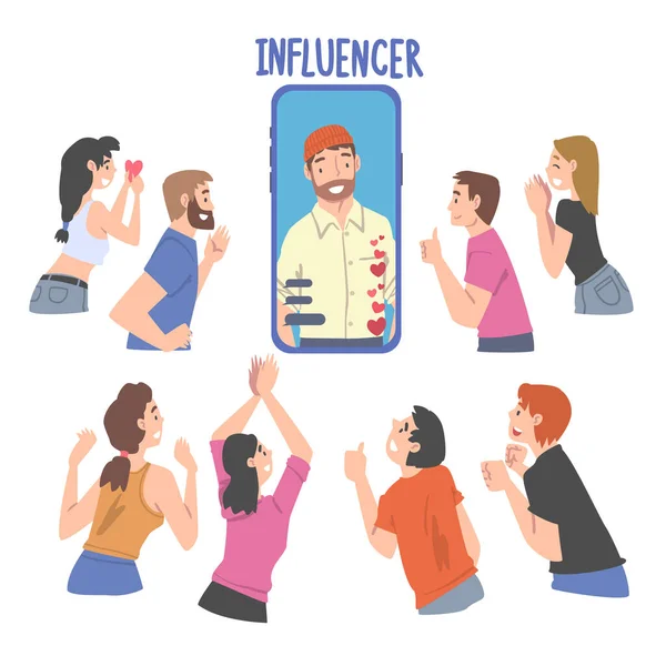 Man Influencer, mint a közösségi média felhasználó számos közönség és előfizetők nyomon követése és meghallgatása Vector Illustration — Stock Vector