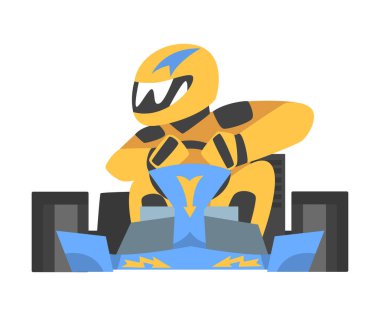 Açık Tekerlekli Arabadaki Adam Yarışçısıyla Kart Yarışı veya Karting Motorsport Road Extreme Driving Vector Illustration