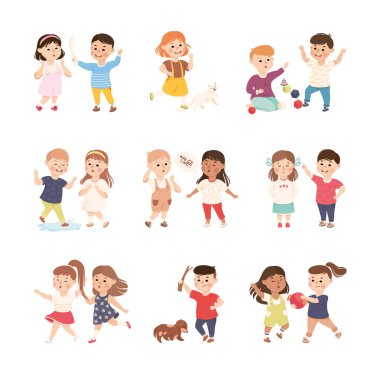 Offensive Kids Bullying and Abusing the Weak Agemate Teasing and Laughing at Them Vector Set clipart