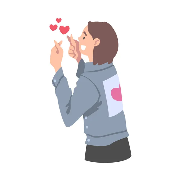 Vrouwelijke Sending Heart als Social Media Follower en Abonnee Toont Aanbidding Vector Illustratie — Stockvector