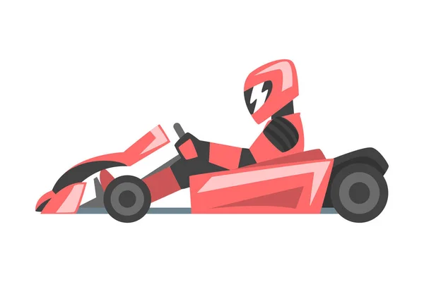 Açık Tekerlekli Arabadaki Adam Yarışçısıyla Kart Yarışı veya Karting Motorsport Road Extreme Driving Vector Illustration — Stok Vektör