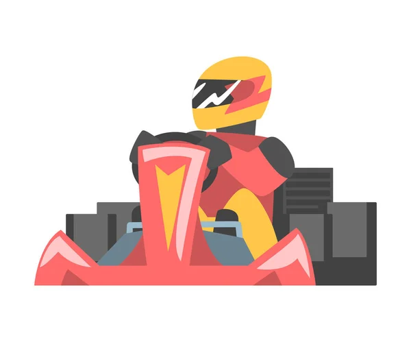 Kart Racing lub Karting z człowiekiem Racer w otwartym kole samochodu zaangażowany w Motorsport Road Extreme Driving Vector Ilustracja — Wektor stockowy