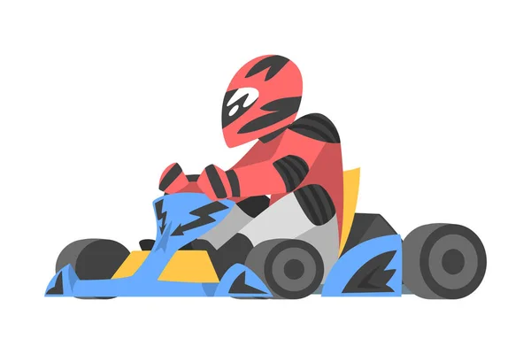 Kart Racing o Karting con Man Racer en un coche de ruedas abiertas en Motorsport Road Extreme Driving Vector Illustration — Vector de stock