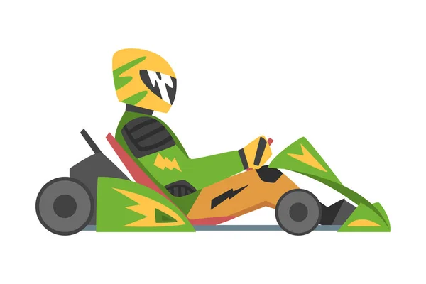 Kart Racing ou Karting com Man Racer em Carro de Roda Aberta Envolvido em Motorsport Road Extreme Driving Vector Ilustração — Vetor de Stock