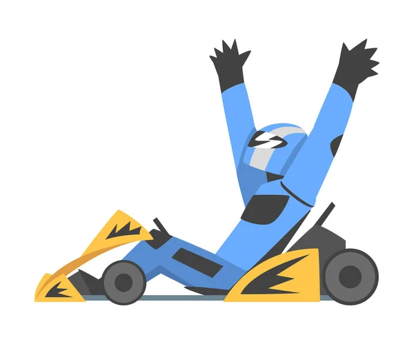 Kart Racing o Karting con Man Racer en un coche de ruedas abiertas en Motorsport Road Extreme Driving Vector Illustration — Vector de stock