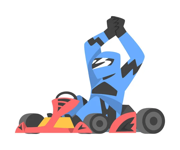 Kart Racing o Karting con Man Racer en un coche de ruedas abiertas en Motorsport Road Extreme Driving Vector Illustration — Vector de stock