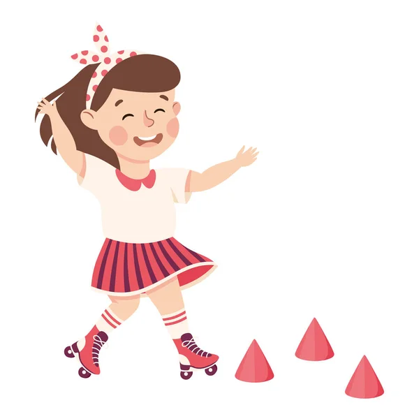 Schattig klein meisje met hoofdband rolschaatsen oefenen sport en fysieke activiteit vector illustratie — Stockvector