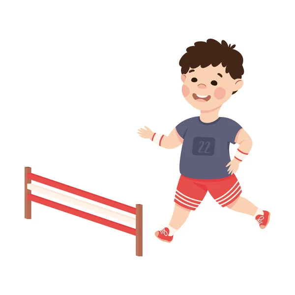 Söt liten pojke som springer hoppa över hinder utöva idrott och fysisk aktivitet vektor Illustration — Stock vektor